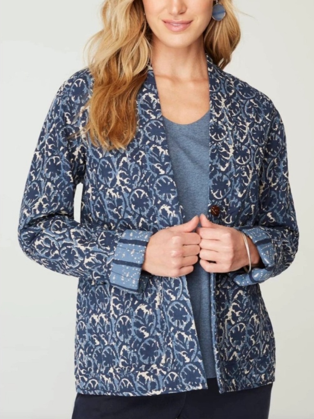 J.Jill Pure Jill Reversible Quilted Jacket Indigo Block Print Boho